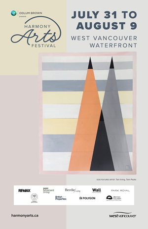 This is a promotional poster for the Harmony Arts Festival. The poster features a light beige background with a subtle gradient, creating a soft and airy feel.  The top left corner displays the Harmony Arts Festival logo. The logo is dark blue and features a stylized "Harmony" in script above "Arts FESTIVAL" in sans-serif font. Above this, a small circular logo with "ODLUM BROWN PRESENTS" is visible.