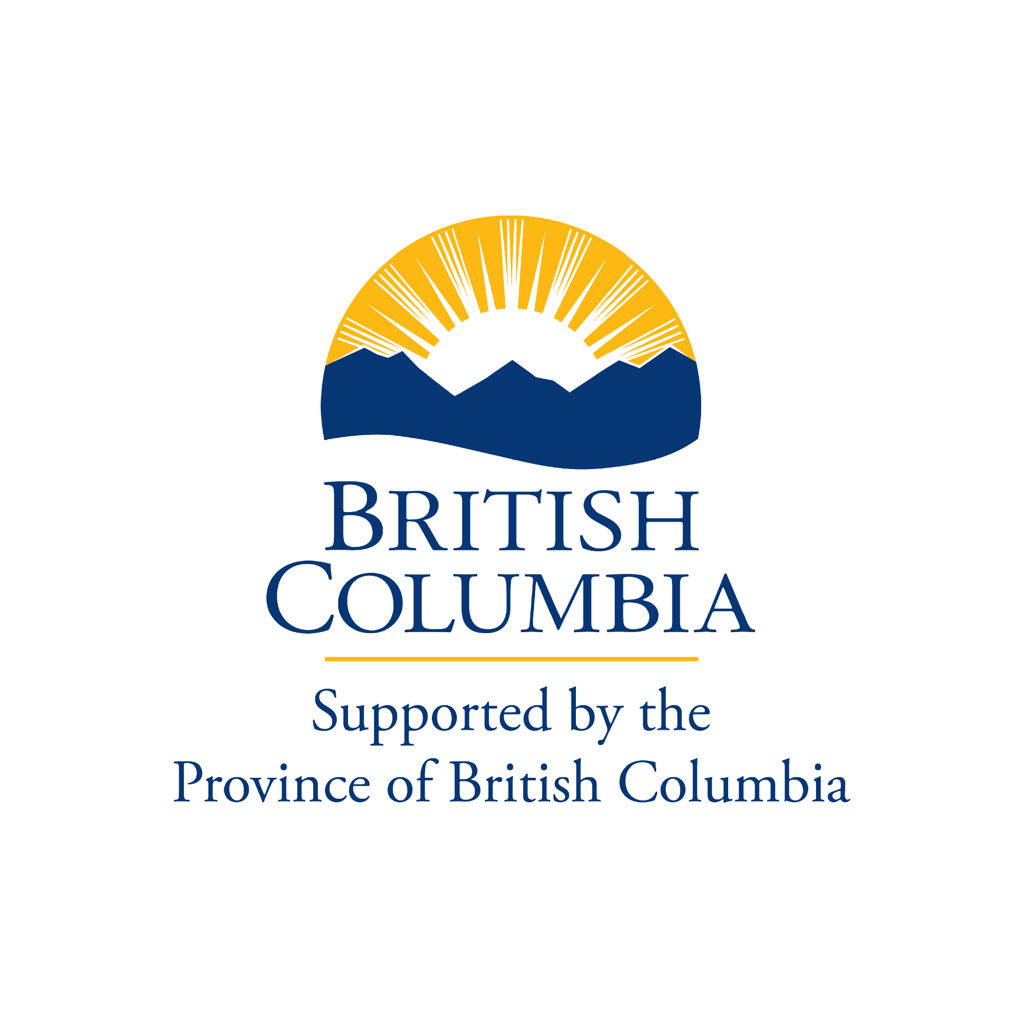 The image features a logo that incorporates elements of a sun and mountains, symbolizing the natural beauty of British Columbia. The text prominently displays "BRITISH COLUMBIA" and indicates support from the Province of British Columbia. The design includes various graphic elements and typography, contributing to its overall aesthetic appeal.
