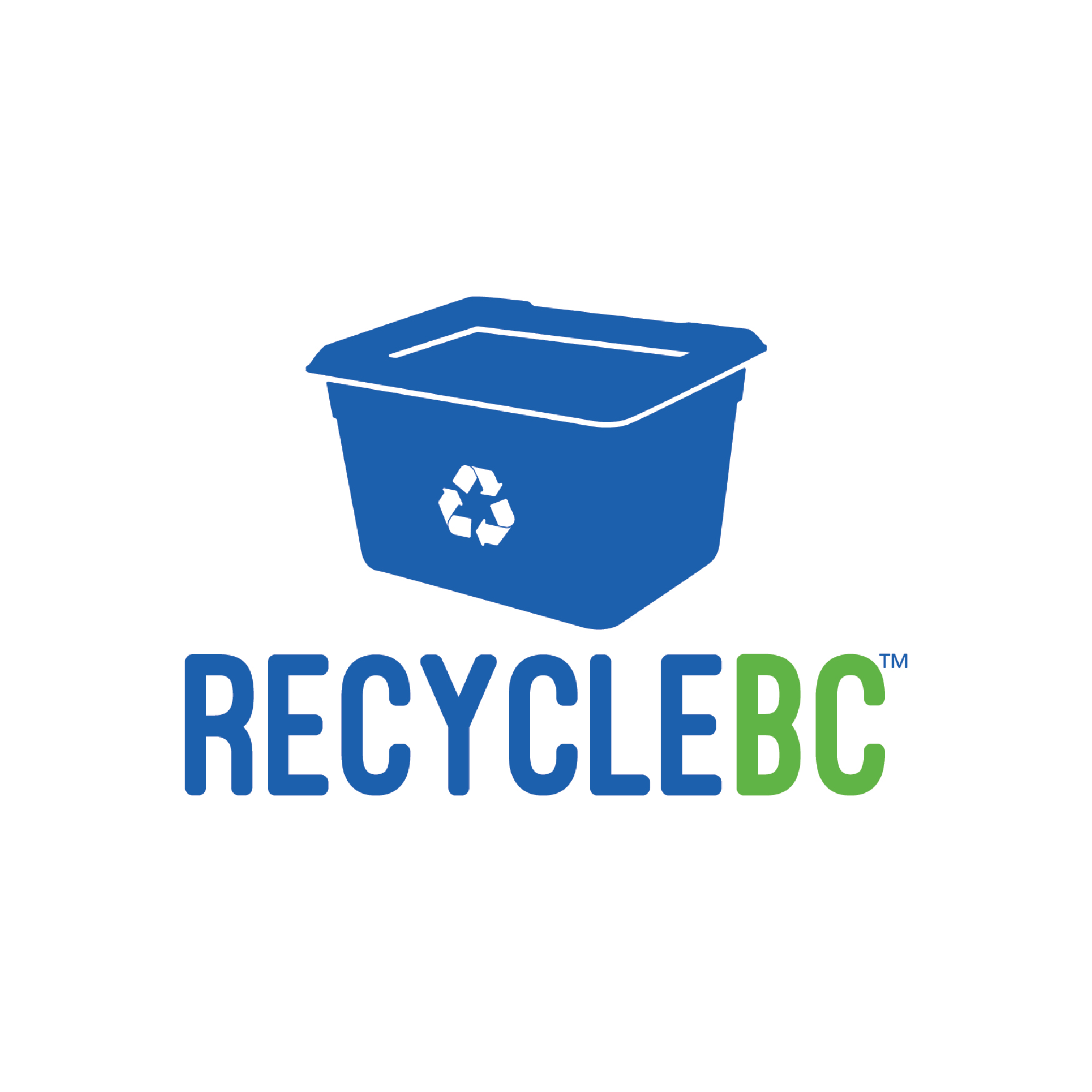 The image features a blue recycle bin that prominently displays the text "RECYCLEBC" in green and blue lettering. It is categorized as a waste container, specifically designed for recycling purposes.