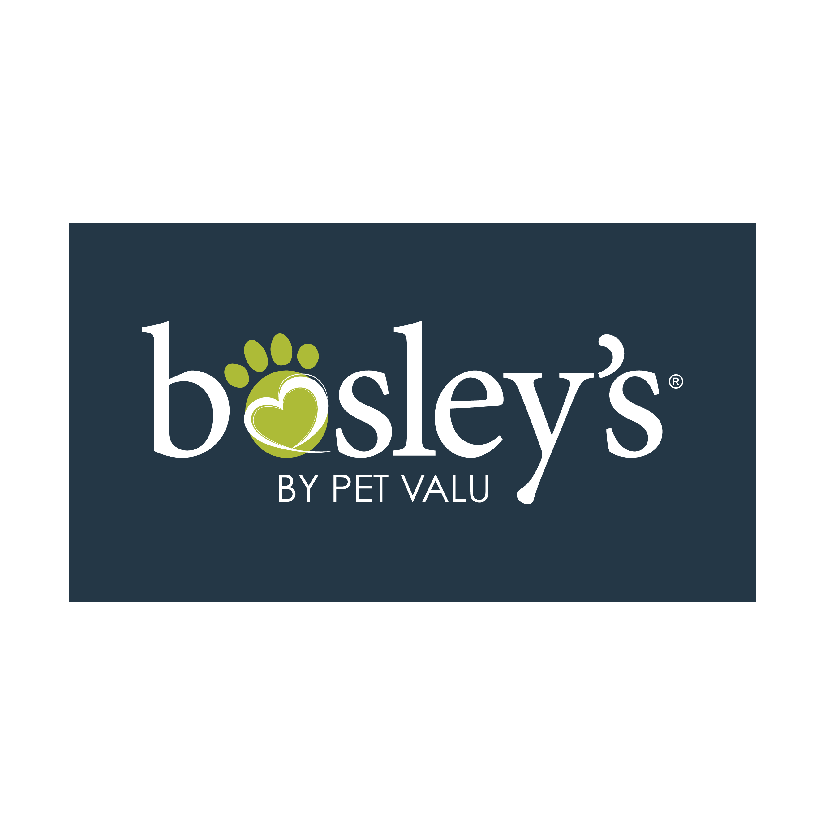 The image is a logo for "Bosley's by Pet Valu". The logo is displayed on a dark navy rectangular background, which is itself set against a pure black background. The logo text and graphic elements are primarily in white and a bright, lime green color.