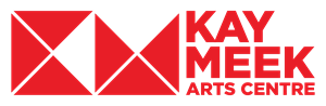 The image is a logo for the "KAY MEEK ARTS CENTRE". The logo consists of two main elements: a geometric graphic on the left and text on the right.