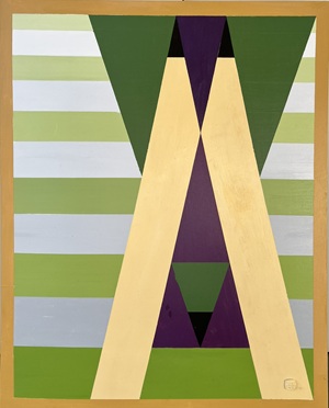 The image is a vertical, abstract geometric painting framed by a thin, matte gold border. The overall composition is symmetrical and features sharp, clean lines and distinct shapes.