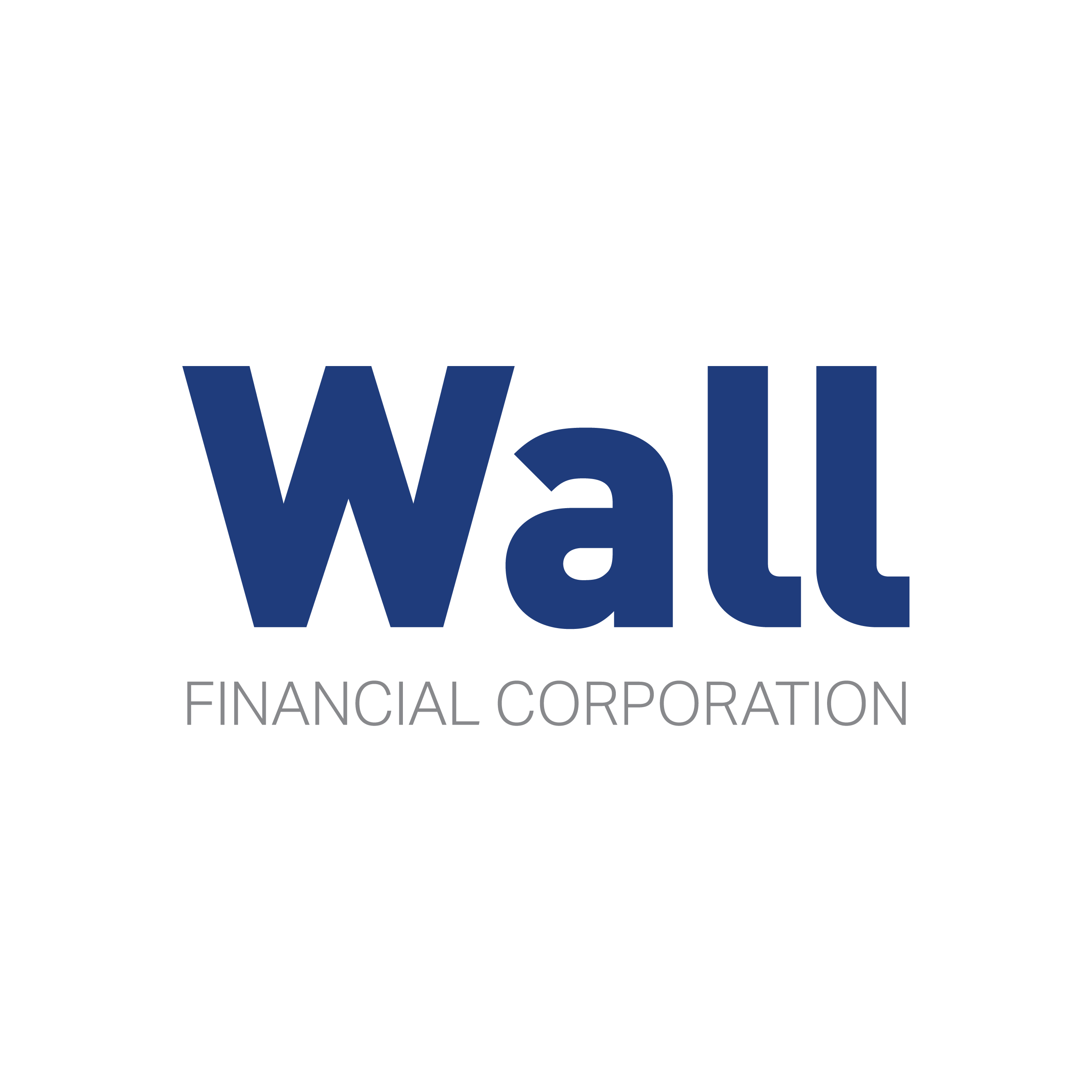 The image displays a logo for "Wall Financial Corporation". The logo consists of two lines of text. The top line features the word "Wall" in large, bold, dark blue capital letters. The "W" is formed by two sharp angled strokes meeting at a point, with the left stroke slightly thicker. The "a" is a lowercase letter with a rounded bowl and a distinct serif at the bottom. The two "l"s are tall, uppercase letters with a slight curve at the bottom, giving them a subtle, modern feel. The letters are evenly spaced
