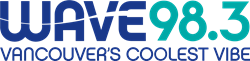The image features a blue and green logo for WAVE98.3, which is described as "Vancouver's Coolest Vibe." It incorporates elements of font and graphic design, emphasizing modern typography.