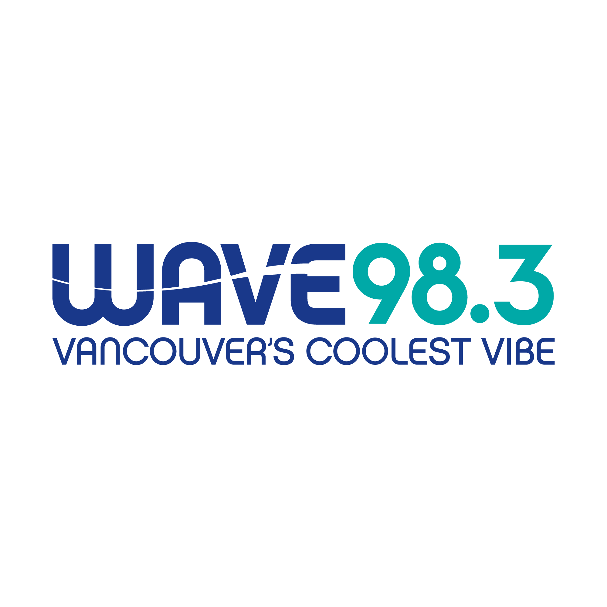 The image features a blue and green text set against a black background. It reads "WAVE98.3 VANCOUVER'S COOLEST VIBE." The design emphasizes modern typography and graphics, highlighting the logo's vibrant color scheme.