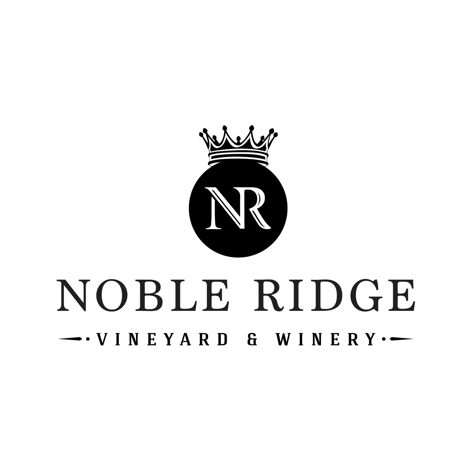 The image is a logo for "Noble Ridge Vineyard & Winery". The logo is primarily in black and white, with a clean and elegant design.