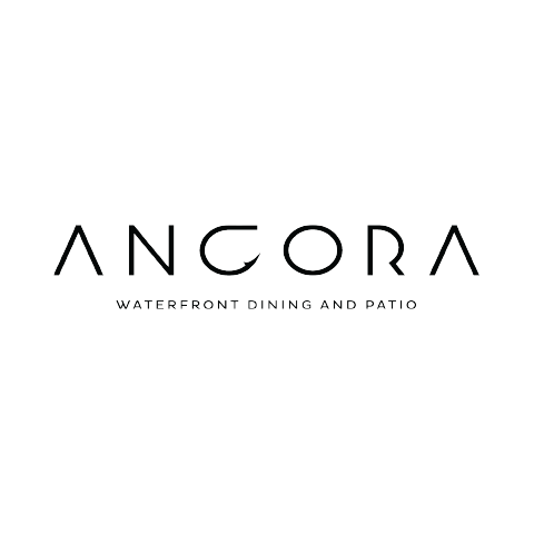 The image is a minimalist logo on a white background. The logo consists of two lines of text rendered in a dark grey or black color. The top line features the word "ANGORA" in a sans-serif, all-caps font with wide spacing between letters. The letters are stylized; the "A"s are outlined, and the "O"s and the "G" have open sections, giving them a modern and elegant appearance. The "G" has a slightly curved, open tail. The second line, positioned below the first and centered, reads "WATERFRONT DINING AND PATIO