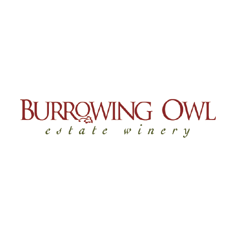 The image displays the logo for "BURROWING OWL estate winery". The text is centered on a white background. The top line of text, "BURROWING OWL", is in a deep red color with a serif font. Between the words "BURROWING" and "OWL", there is a small, stylized illustration of an owl with outstretched wings and a vine-like element. The "O" in "BURROWING" and the "O" in "OWL" are slightly larger than the other letters and have a circular design within them, hinting at the owl's eyes.