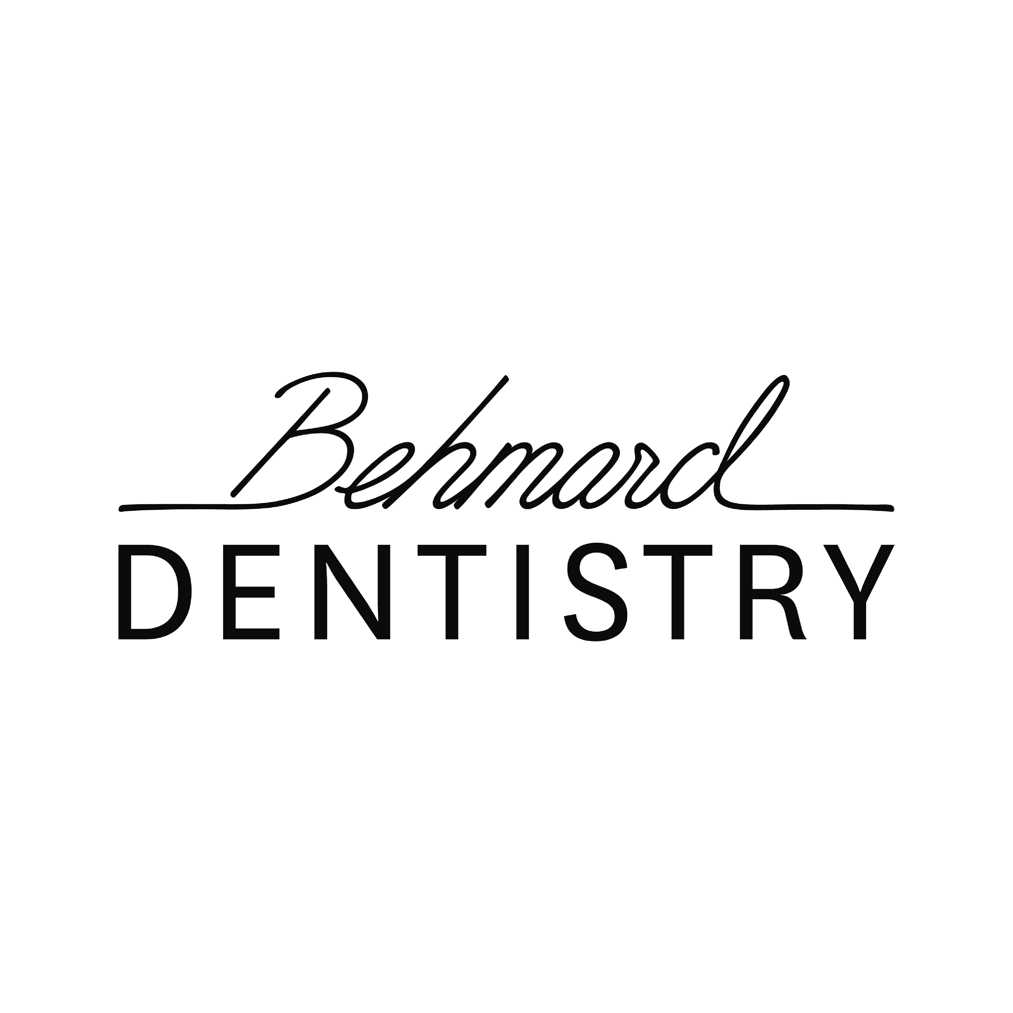 The image is a minimalist logo for "Behmord Dentistry". The background is solid white. The logo consists of two lines of text. The top line reads "Behmord" in an elegant, flowing script font. The letters of "Behmord" are thin and connected, with a subtle flourish at the end of the word that extends to the left, forming a horizontal line. The color of this text is black.