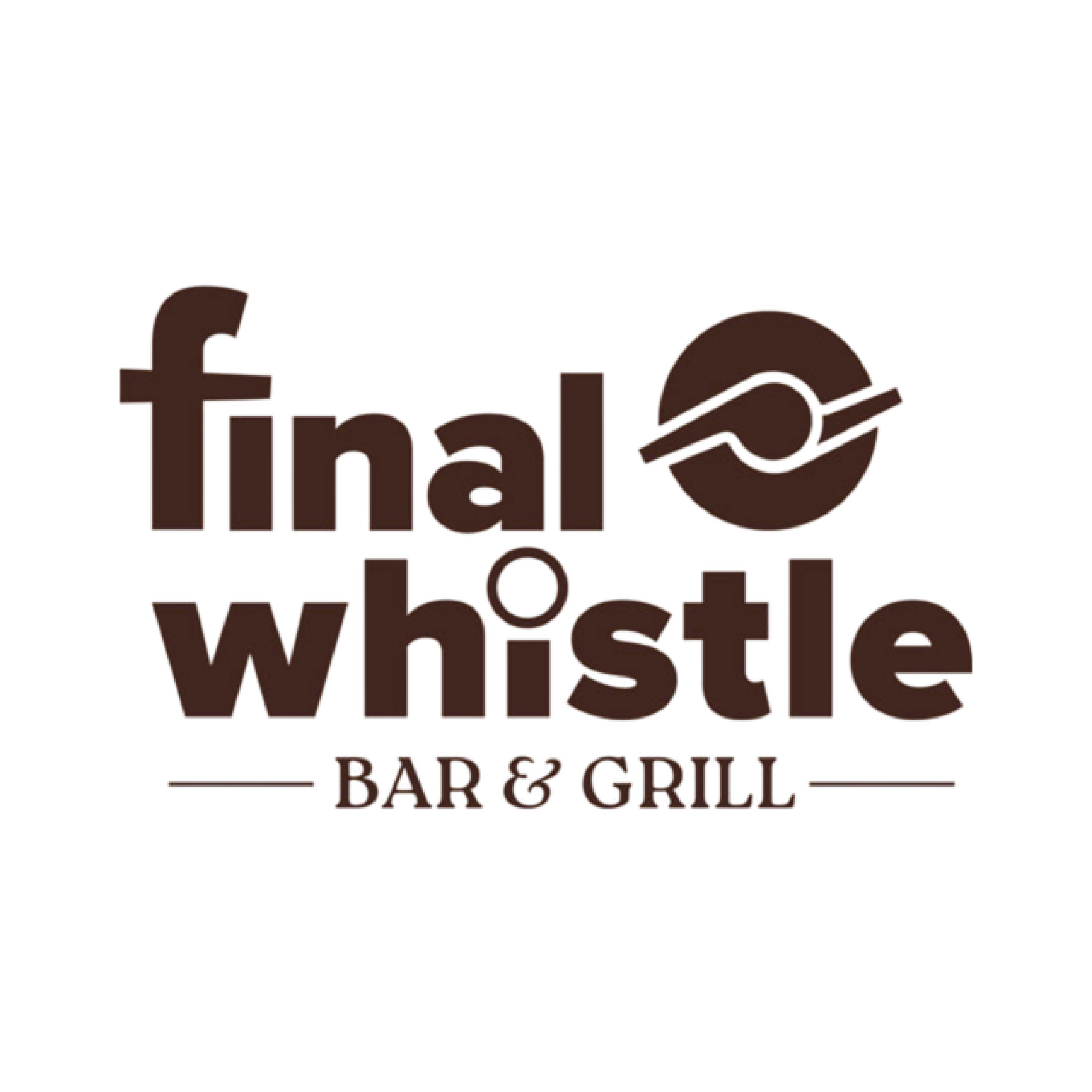 The image is a logo for "final whistle BAR & GRILL". The logo is displayed on a plain white background. The text is rendered in a dark brown, almost chocolate color, with a slight 3D effect suggesting depth and shadow.
