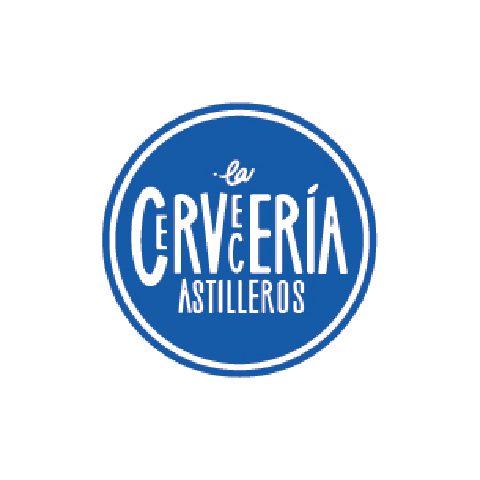 A logo, circular in shape, is rendered in a shade of vibrant, rich blue.   Within the circle, the word "CERVECERIA" is prominently displayed in white, capitalized lettering. The letters are stylized, with some exhibiting a slightly handwritten or calligraphic quality. Beneath the main word, "CERVECERIA"  is the phrase "ASTILLEROS"  in a similar, white, stylized font.   A smaller, slightly cursive, white "la" is positioned above the main text slightly offset to the right.  A thin white circle outline encircl