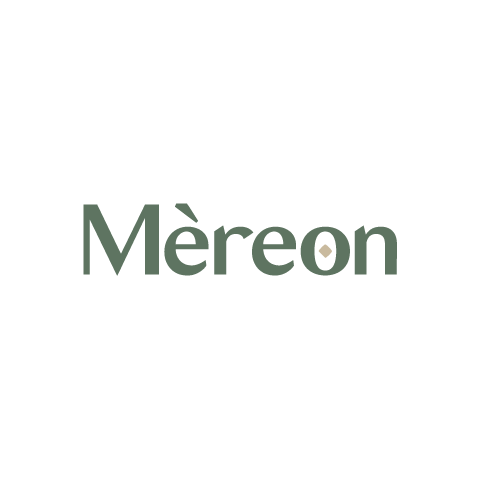 The image is a simple logo featuring the word "Mèreon" in a stylized font. The text is a muted, deep green color and is positioned centrally on a clean white background. The font is sans-serif with slightly rounded edges, giving it a modern yet soft feel. The 'M' is capitalized, while the rest of the letters are lowercase. The accent mark above the 'e' is a light brown or tan color, contrasting subtly with the green of the text. The letter 'o' also contains this same light brown, diamond-shaped element with