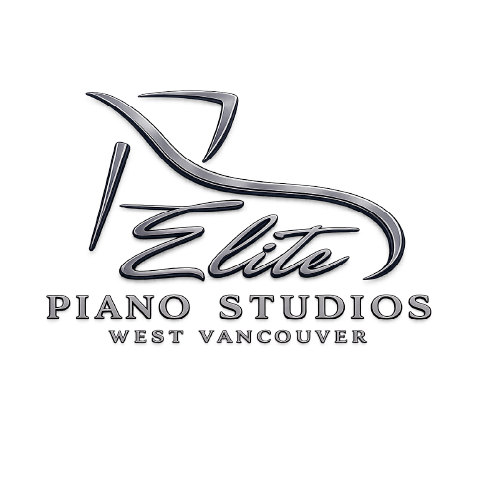 This is a logo for "Elite Piano Studios West Vancouver". The logo features a stylized graphic element at the top, which appears to be an abstract representation or initials, possibly an "E" combined with another shape. This graphic element has a sleek, metallic silver appearance with highlights and shadows, giving it a 3D effect.