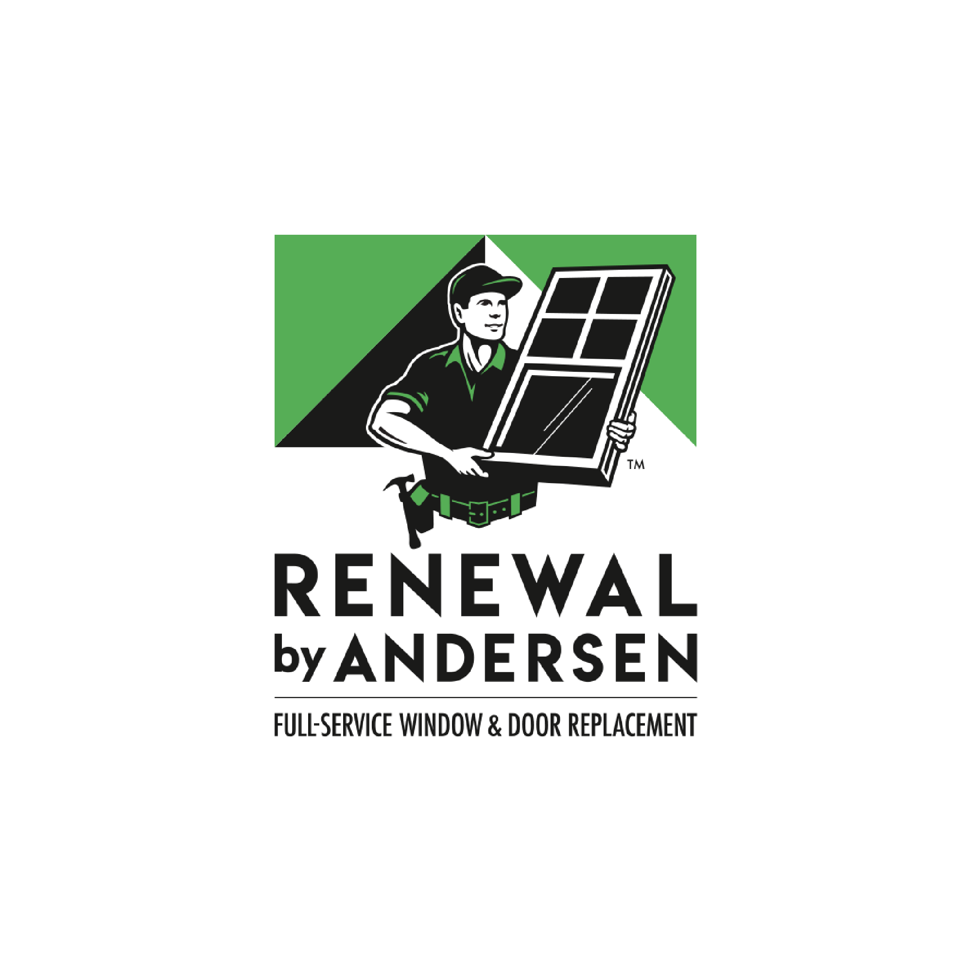 This is a logo for Renewal by Andersen, a window and door replacement company.  The image is a logo with a graphic and text. The graphic depicts a man wearing a cap and an olive green collared shirt, holding up a window. He has a tool belt around his waist with a hammer in a holster. The background of the graphic is a stylized geometric design in black, white, and green, suggesting a rooftop or a house. 