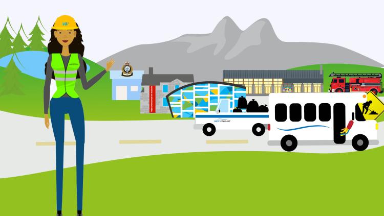 A graphic of a municipal worker standing in front of municipal buildings and services like police, fire, library, transit, and community centre.