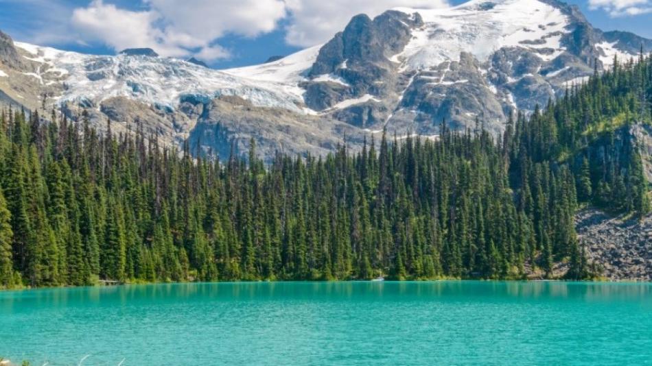 The image is of Joffrey Lake, a glacial lake surrounded by trees and mountains in a wilderness setting. The landscape includes a mountain range, a cloudy sky, and a serene body of water.