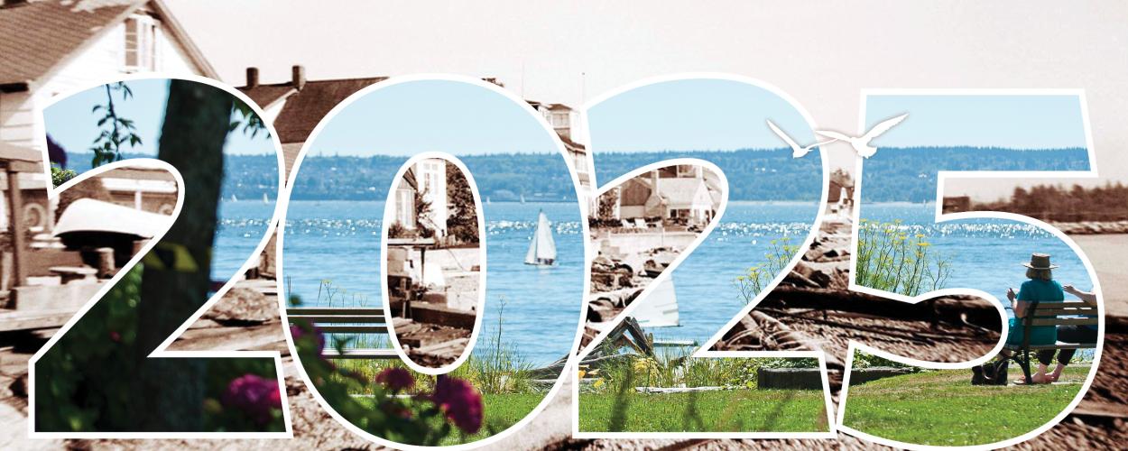 archival photo from pre-1975 homes on Ambleside waterfront, overlaid with text reading 2025