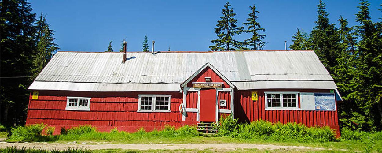 A long, red barn-like building in front of a forest of evergreen trees.