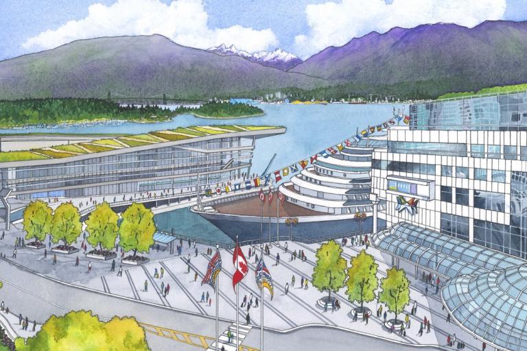 This is a watercolor illustration depicting a bustling waterfront scene, likely a convention center or cruise terminal. The overall color palette is vibrant, with dominant blues of the sky and water, contrasting with the greens of the landscape and the modern architecture.