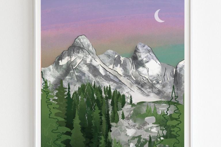 The image is a stylized illustration of a majestic mountain range under a twilight sky. The mountains dominate the upper half of the frame, depicted with sharp, angular peaks rendered in shades of gray and white, suggesting snow and rock. Thin black lines outline the craggy features, giving the mountains a graphic, almost illustrative quality. Patches of white suggest snow cover, with darker gray areas indicating rocky faces and shadows.