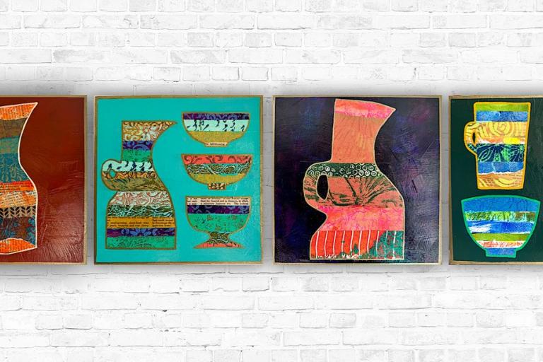 The image displays a collection of four square framed artworks, arranged horizontally against a white brick wall. Each artwork is a collage, featuring stylized depictions of vases and bowls created from various textured papers and fabrics. The frames appear to be thin and gold-colored.