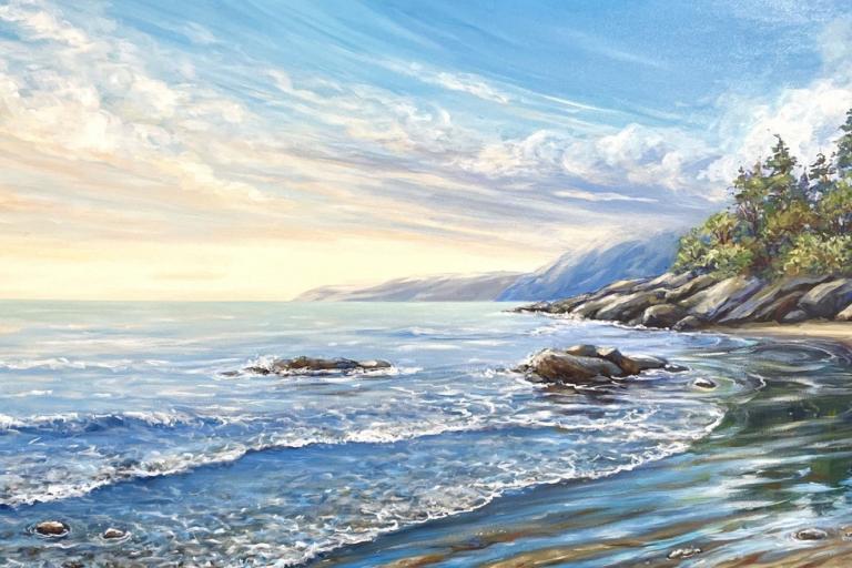 The image is a vibrant oil painting of a serene coastal landscape. The scene is dominated by the gentle movement of water and the soft light of a partially cloudy sky.