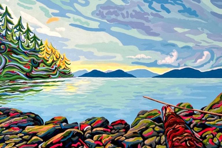 This is a vibrant, stylized painting of a coastal landscape. The scene depicts a calm body of water, likely a lake or sea, stretching towards a distant horizon lined with a series of blue, silhouetted mountains. The sky above is filled with dynamic, abstract clouds painted in various shades of blue, light blue, gray, and white, with streaks of light blue suggesting movement and texture. A small, pale yellow orb, possibly the sun or a reflection, is visible in the upper left portion of the sky.