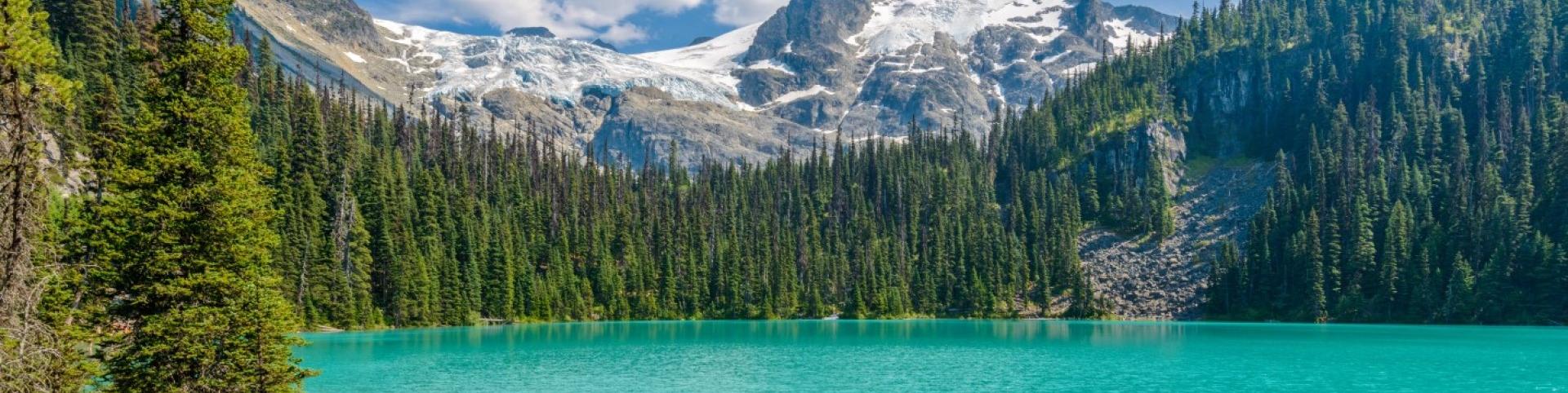  The image is of Joffrey Lake, a glacial lake surrounded by trees and mountains in a wilderness setting. The landscape includes a mountain range, a cloudy sky, and a serene body of water.