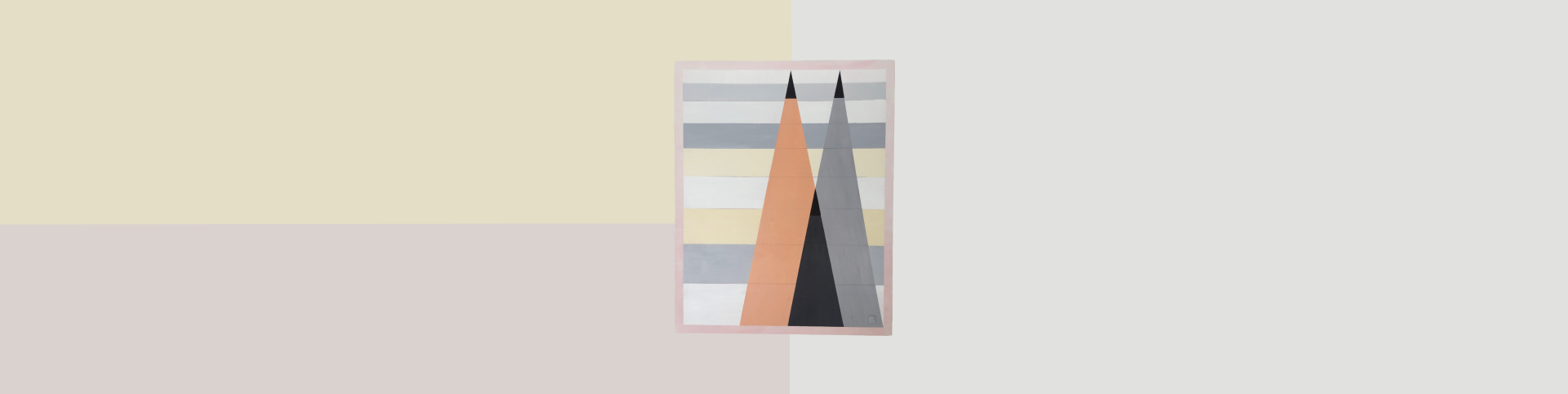 An abstract geometric painting features an arrangement of layered shapes and colors within a rectangular frame, set against a two-tone background.